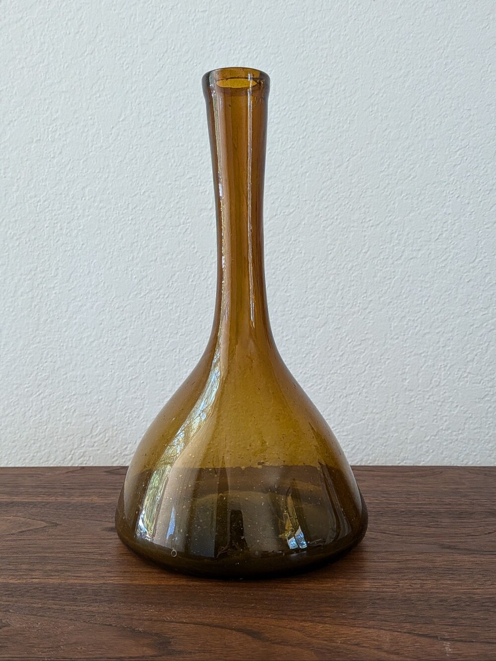 Hand Blown Amber Glass Long Neck Bulb Tall Vase Decanter Shape 11" Mid-Century